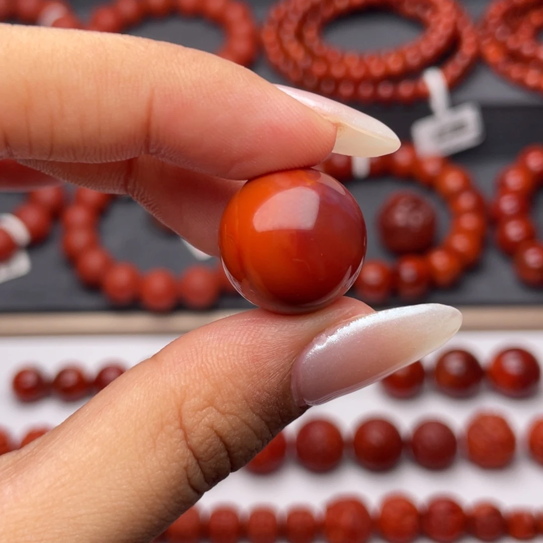 南红玛瑙未镶嵌手串Y17.7mm柿子牛血双色单珠