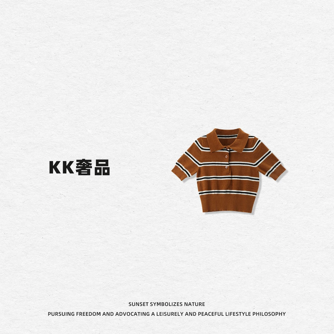 KK【摩卡慕斯】2500135短袖T恤女时尚条纹Polo领针织显瘦减龄洋气
