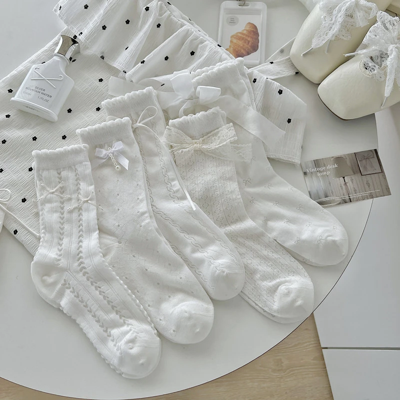 夏季日系白色珍珠蕾丝蝴蝶结袜子女ins甜欲风薄款中筒jk网眼女袜
