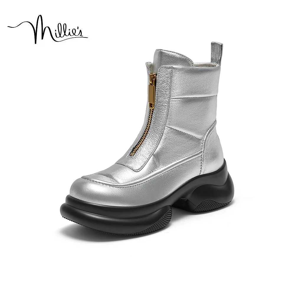 millie's妙丽冬季新款羊皮潮酷粗跟时装靴女中靴50300DZ3
