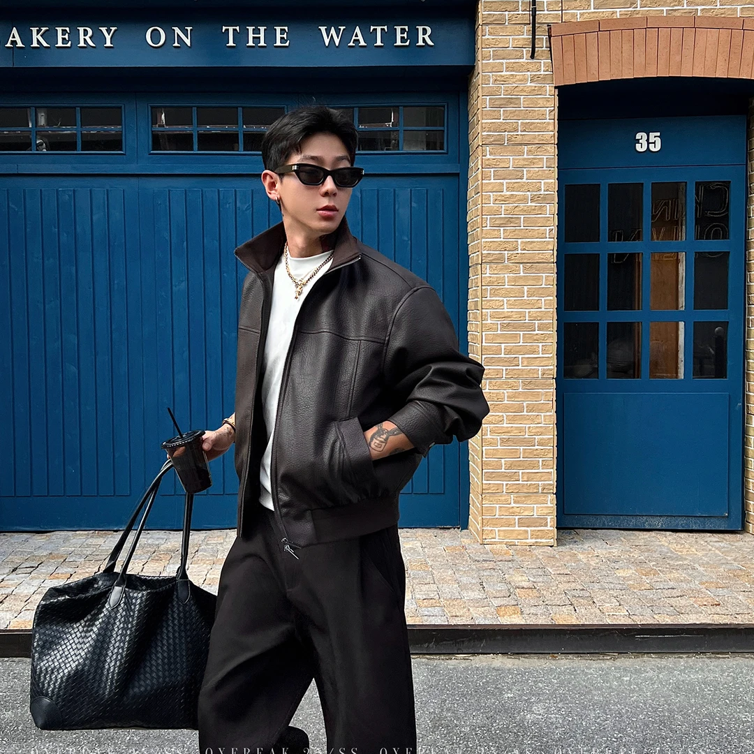 OXFREAK「切线分割 荔枝纹」针织领PU皮夹克男短款宽松机车服外套