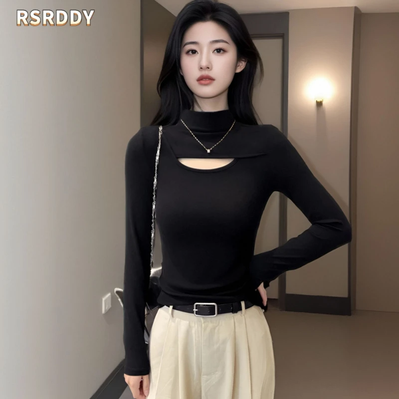 RSRDDY黑色半高领镂空打底衫女内搭长袖t恤秋冬修身百搭时尚上衣