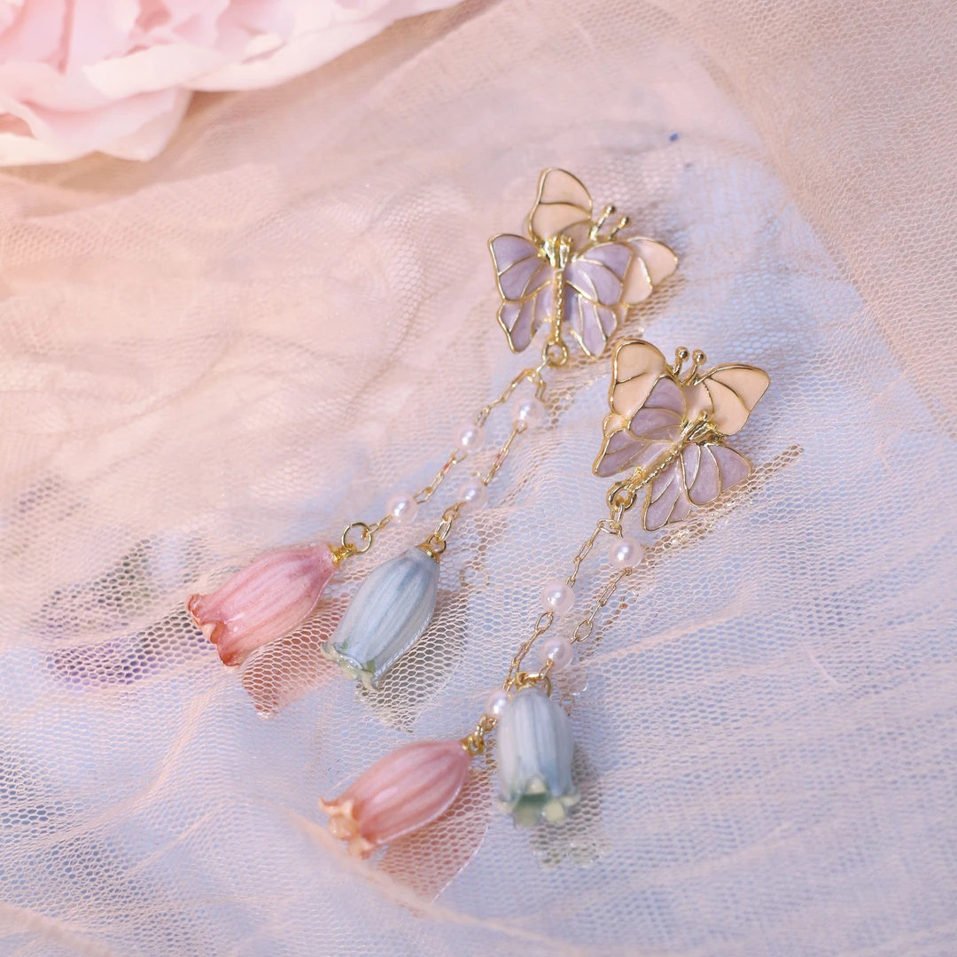 铜合金耳饰 滴胶手工双风铃花耳环拼色蝴蝶小众不撞款耳饰