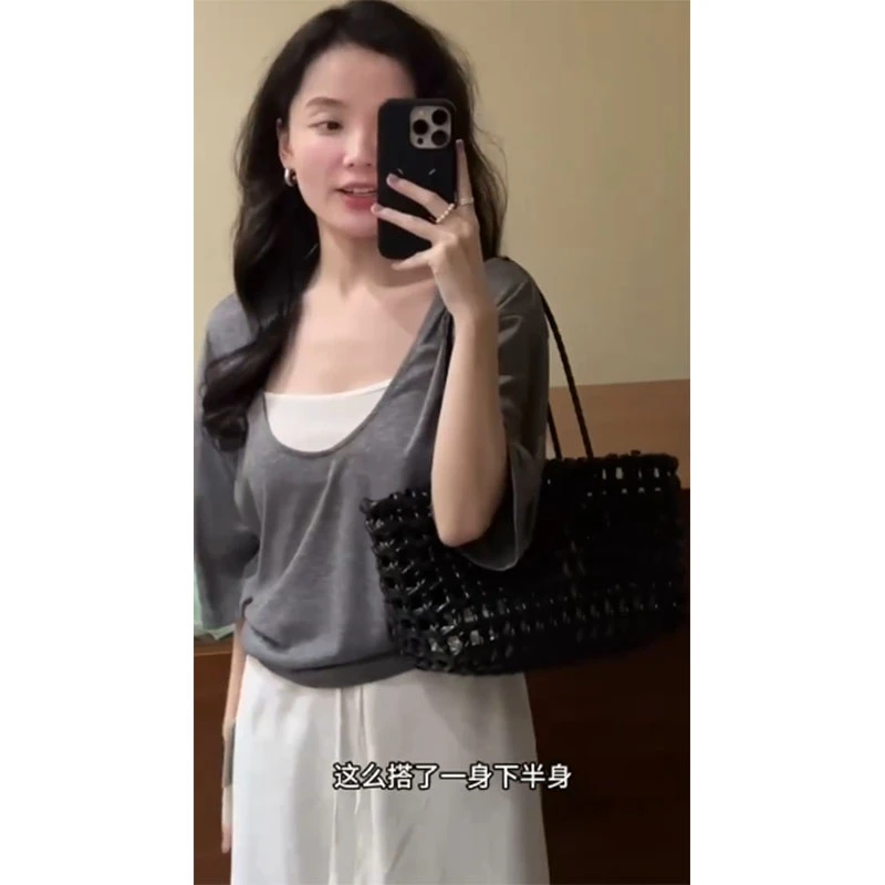 夏季新款修身穿搭小众设计款内搭薄款U领上衣气质时尚收腰半身裙