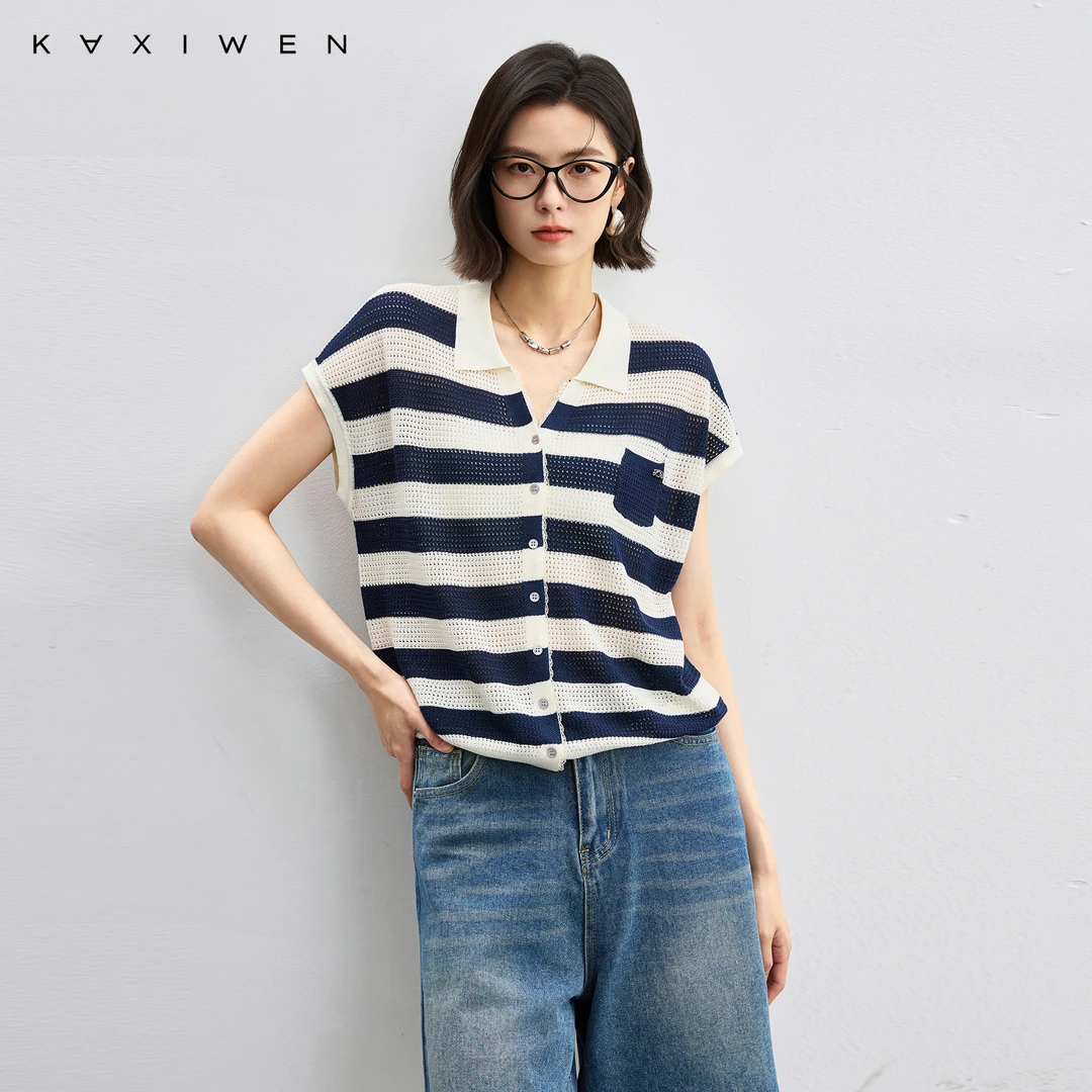 佧茜文条纹撞色针织衫【夏新】时尚休闲镂空藏青上衣女D06AZW6561