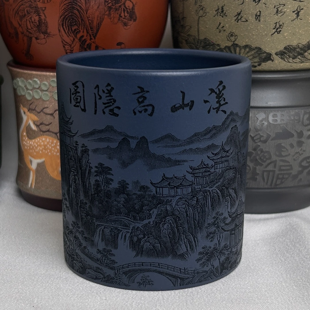 286宜兴紫砂主人杯原矿苏门答腊青刻绘山水直筒杯水