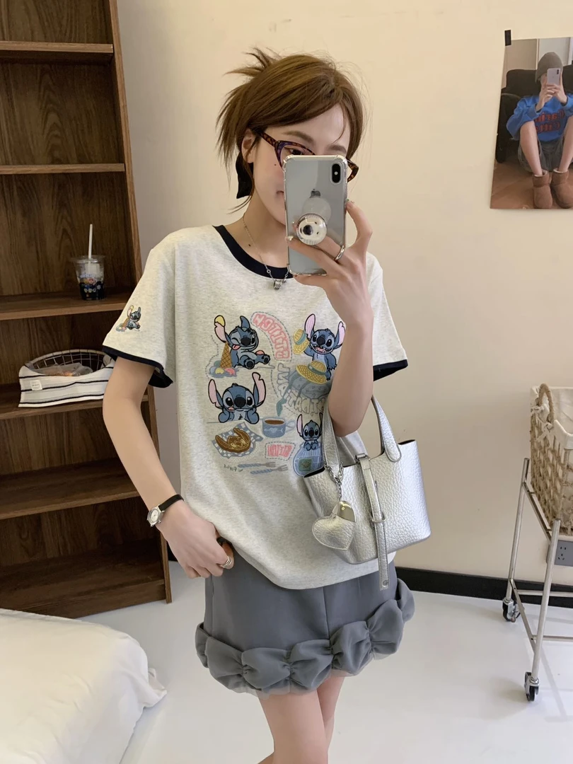 T631#夏季新款重工刺绣史迪仔短袖