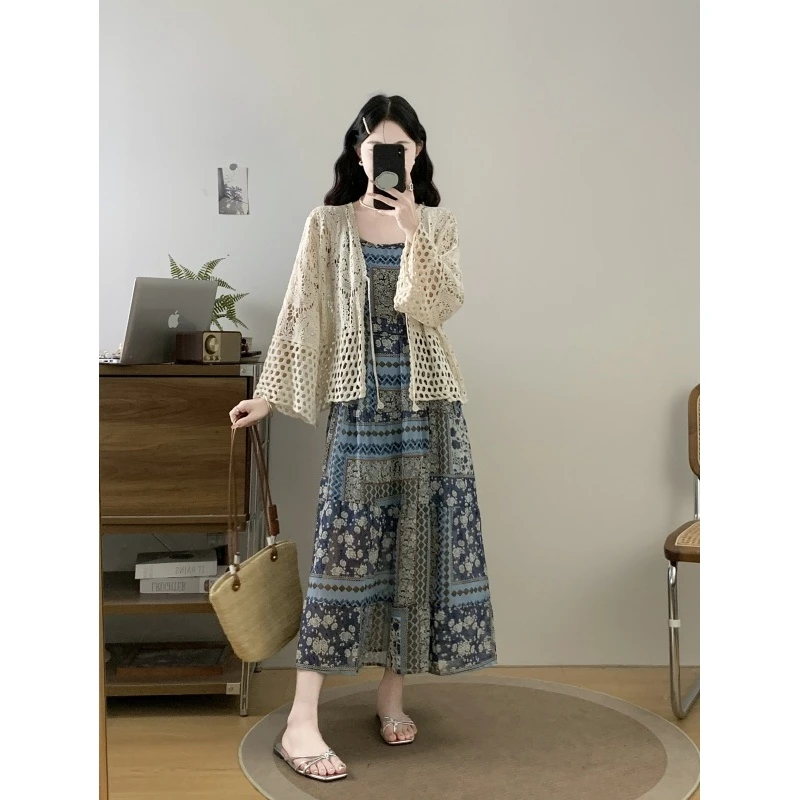 夏季新款波西米亚度假风图腾吊带裙+蕾丝披肩两件套-MMJ8785