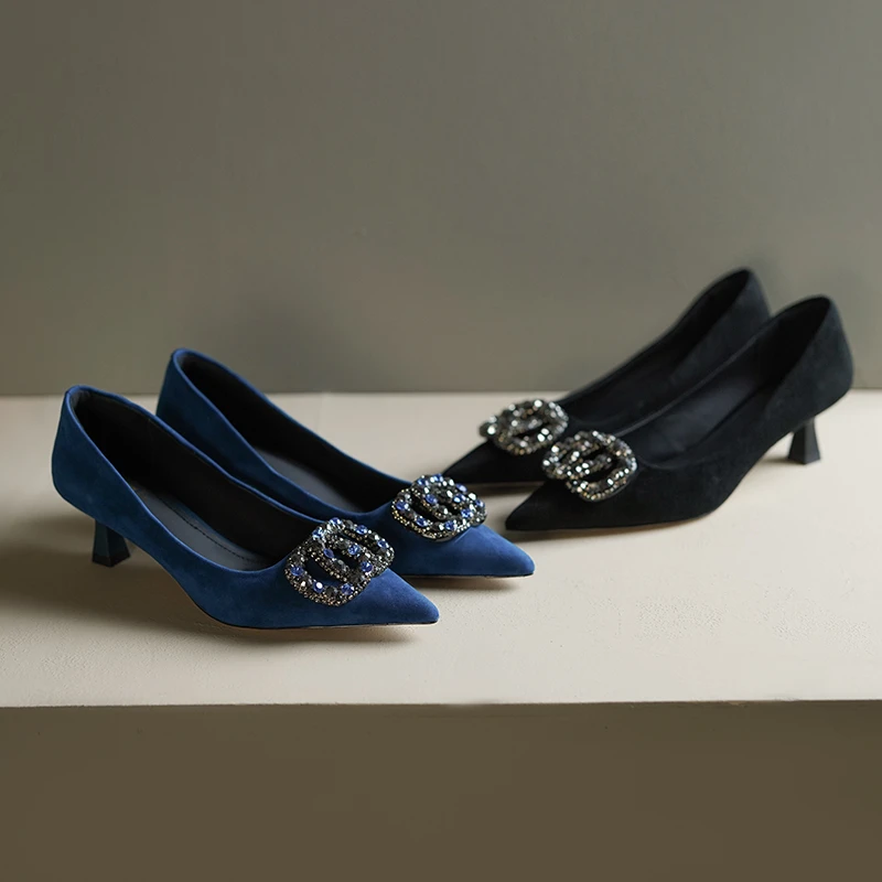 （跟高5cm）法式水钻浅口单鞋春秋新款真皮尖头百搭单鞋