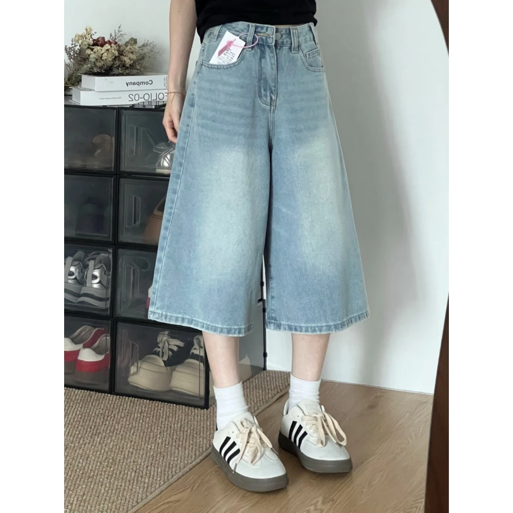 美式复古高腰宽松阔腿裤女2025夏季新款百搭显瘦直筒七分裤牛仔裤