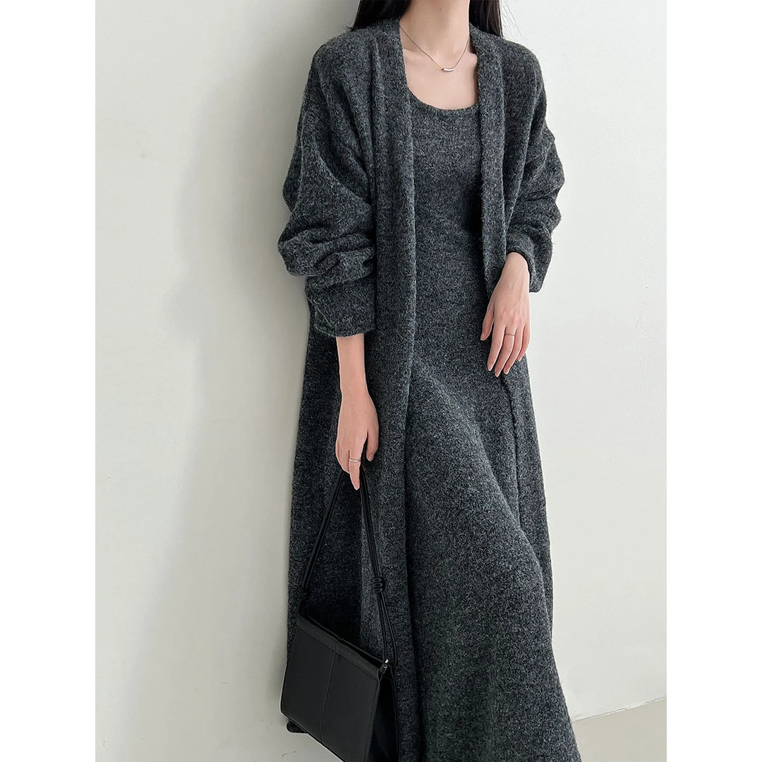软糯羊毛连衣裙+中长款针织开衫毛衣外套秋冬厚实长裙套装ss846