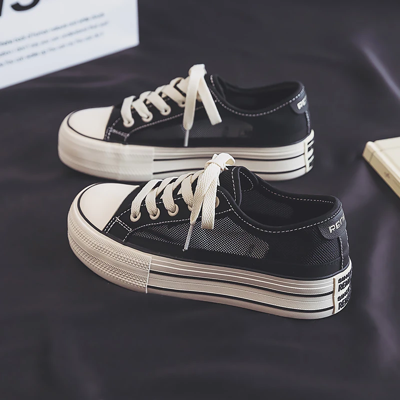 人本网面帆布鞋女夏季新款透气镂空休闲百搭板鞋厚底学生低帮单鞋