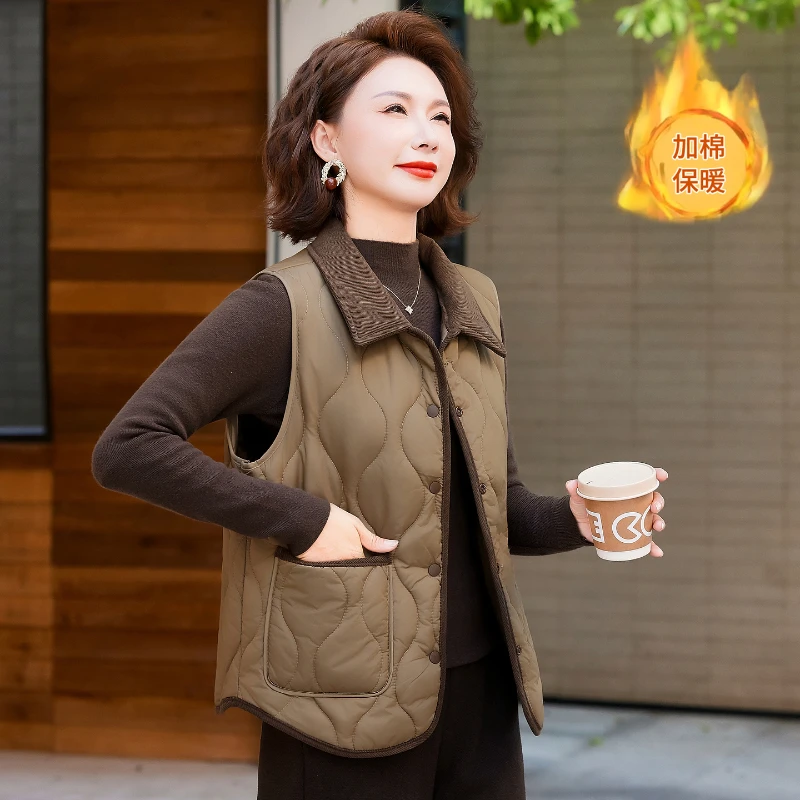 妈妈秋冬外套夹棉马甲保暖上衣时尚百搭洋气背心中老年人新款坎肩