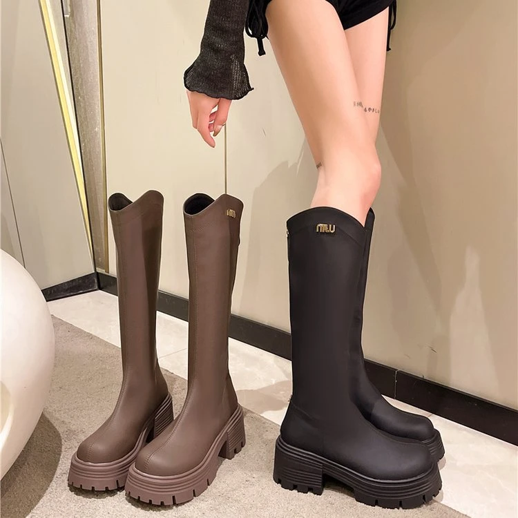 【SS】长筒靴女2025秋冬新款骑士靴流行美拉德中筒靴皮靴高筒长靴