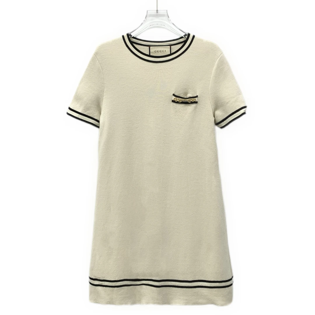 95新 GUCCI/古驰 DW0223 米色条纹羊毛针织连衣裙 S码