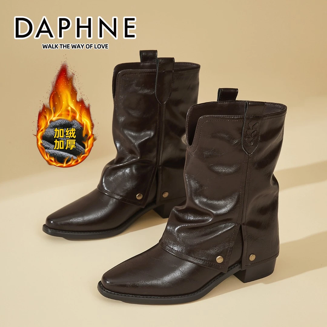 达芙妮琥珀流光挂耳裤管靴女2025冬季新款加绒堆堆靴英伦风小皮靴