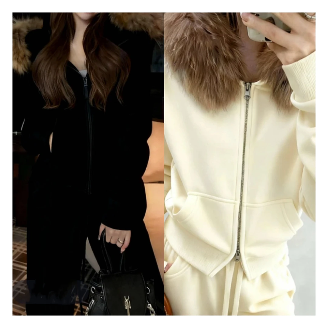 一套休闲时尚套装连帽秋季卫衣宽松开衫女装运动网红百搭毛领可拆