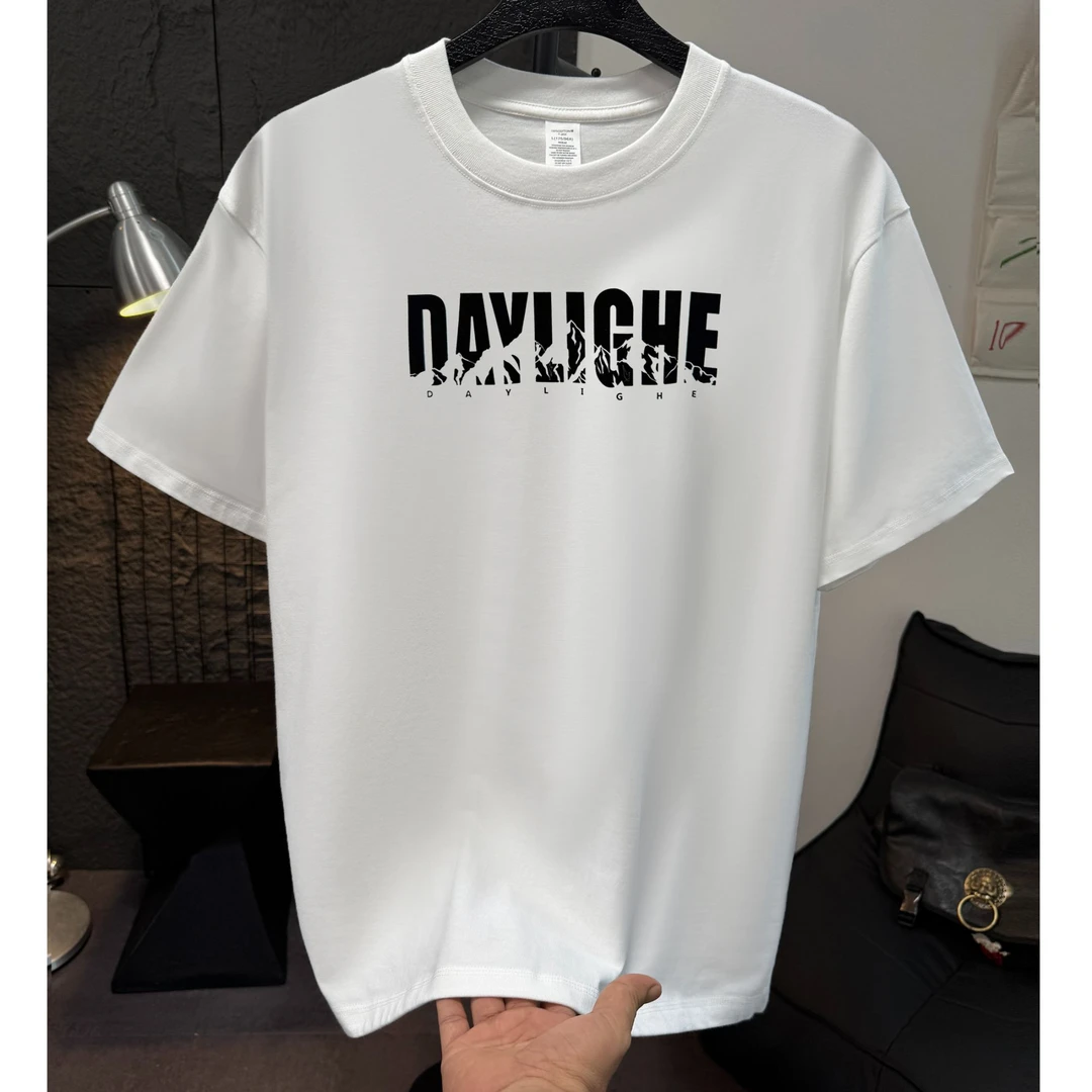 男士重磅纯棉植绒印花短袖T恤透气宽松简约百搭美式打底休闲半袖