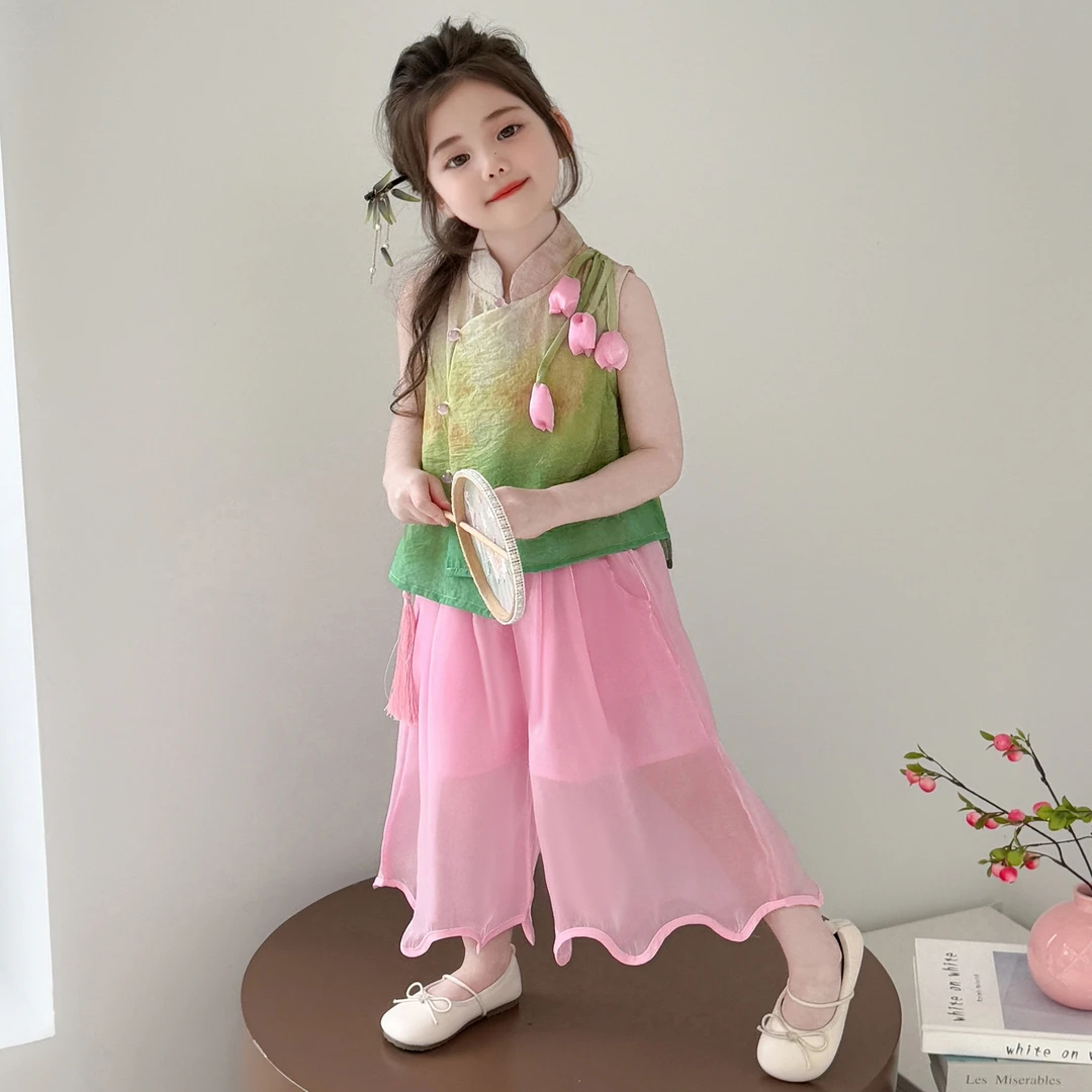 女童夏季新中式无袖阔腿裤套装2025新款儿童国风汉服唐装两件套
