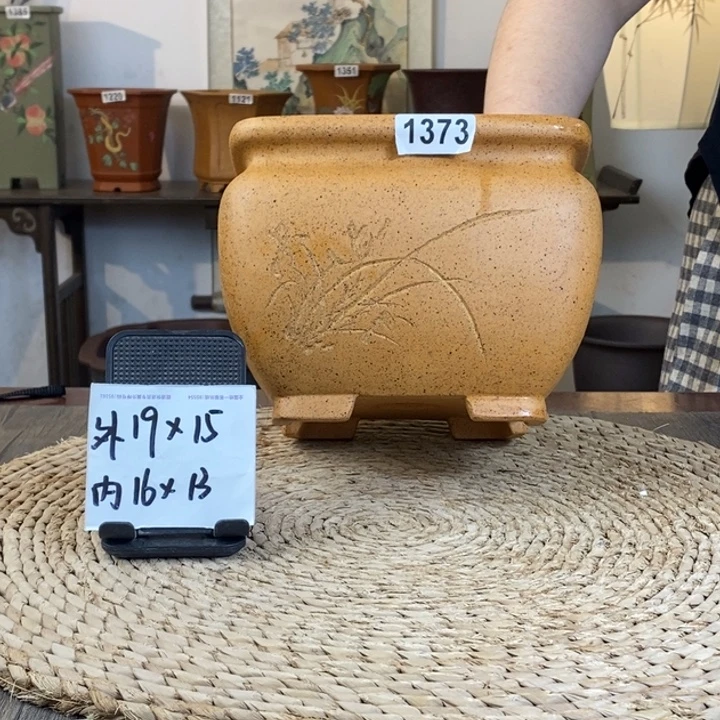 花盆紫砂  柴烧刻绘束口方1373