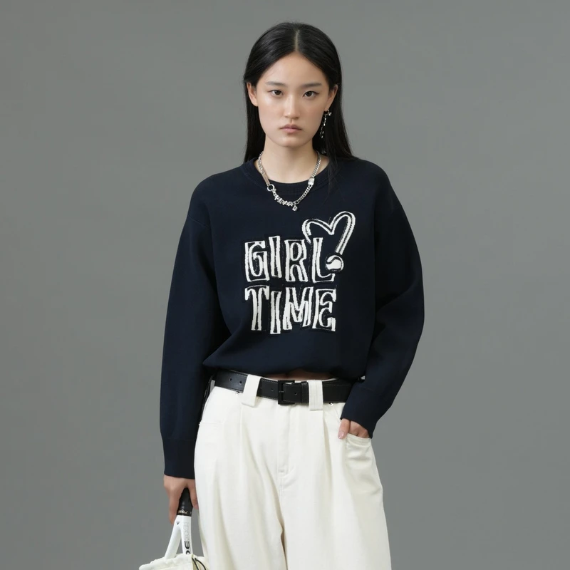 uti藏青色提花圆领毛衣女 百搭抽绳甜酷毛衫上衣春季新款