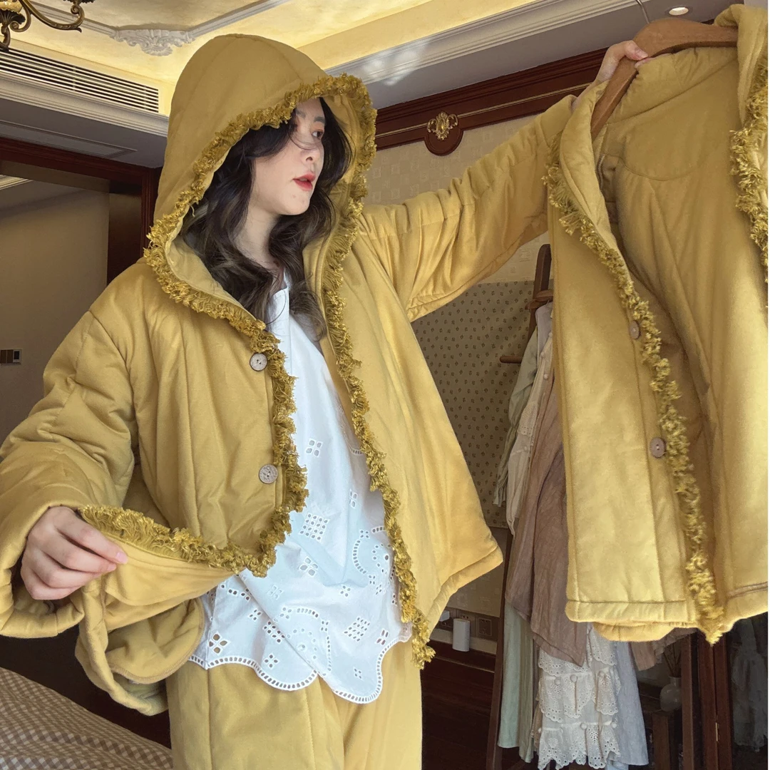 大梦睡衣秋冬季女三层夹棉2025年新款加绒加厚棉服黄色家居服套装