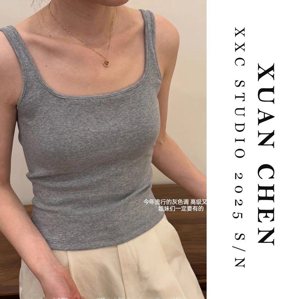 春夏女士百搭显瘦灰色通勤打底美背韩版设计感时尚露背背心#8018