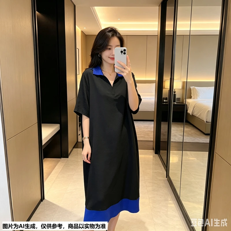 【Annie 182-183】夏款polo领撞色连衣裙背后开叉设计休闲宽松大码