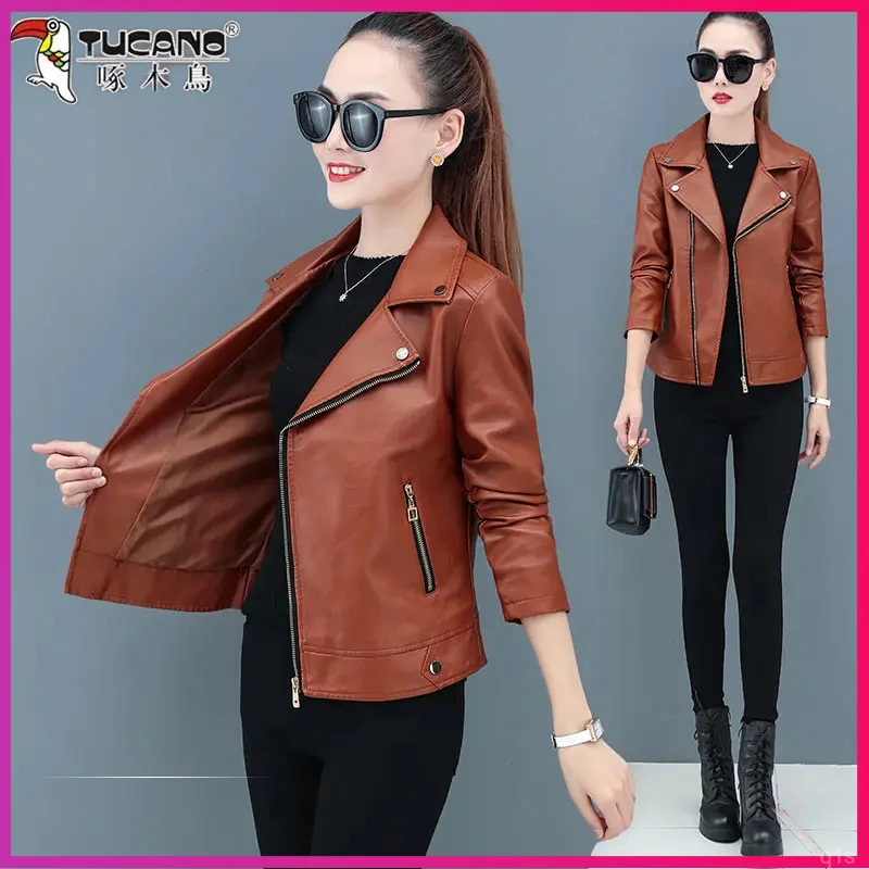 啄木鸟秋季皮衣妈妈女士2025年短款休闲百搭中年外套皮夹克女装