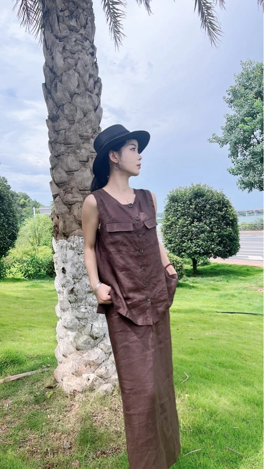 夏季新款休闲圆领无袖马甲口袋半身裙麻料女套装