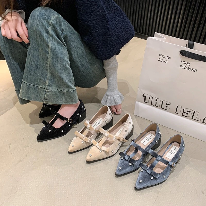 2025年新款气质粗跟单鞋配裙子尖头蝴蝶结水钻绝美百搭玛丽珍鞋女