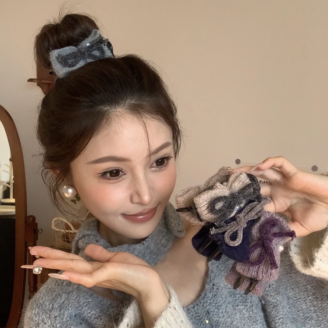 针织珠珠蝴蝶结丸子头抓夹秋冬新款韩系后脑勺抓夹