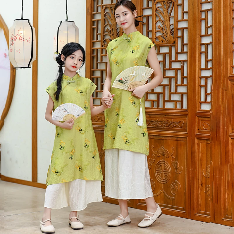 国风旗袍母女亲子网红套装夏季2025新款洋气大童女孩夏装连衣裙夏