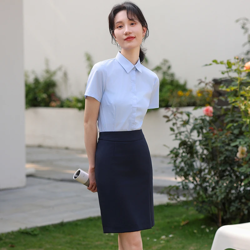 夏季蓝色短袖衬衫女薄款方领气质面试正装上衣银行上班工作服衬衣