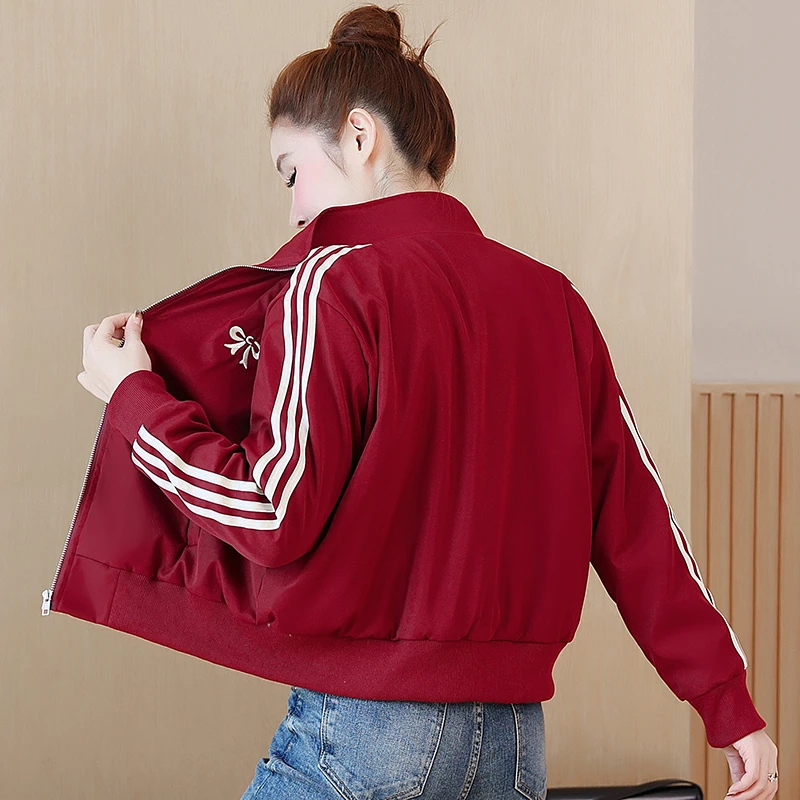 短外套2025年春季安可拉红新款洋气百搭复古休闲立领拉链上衣女