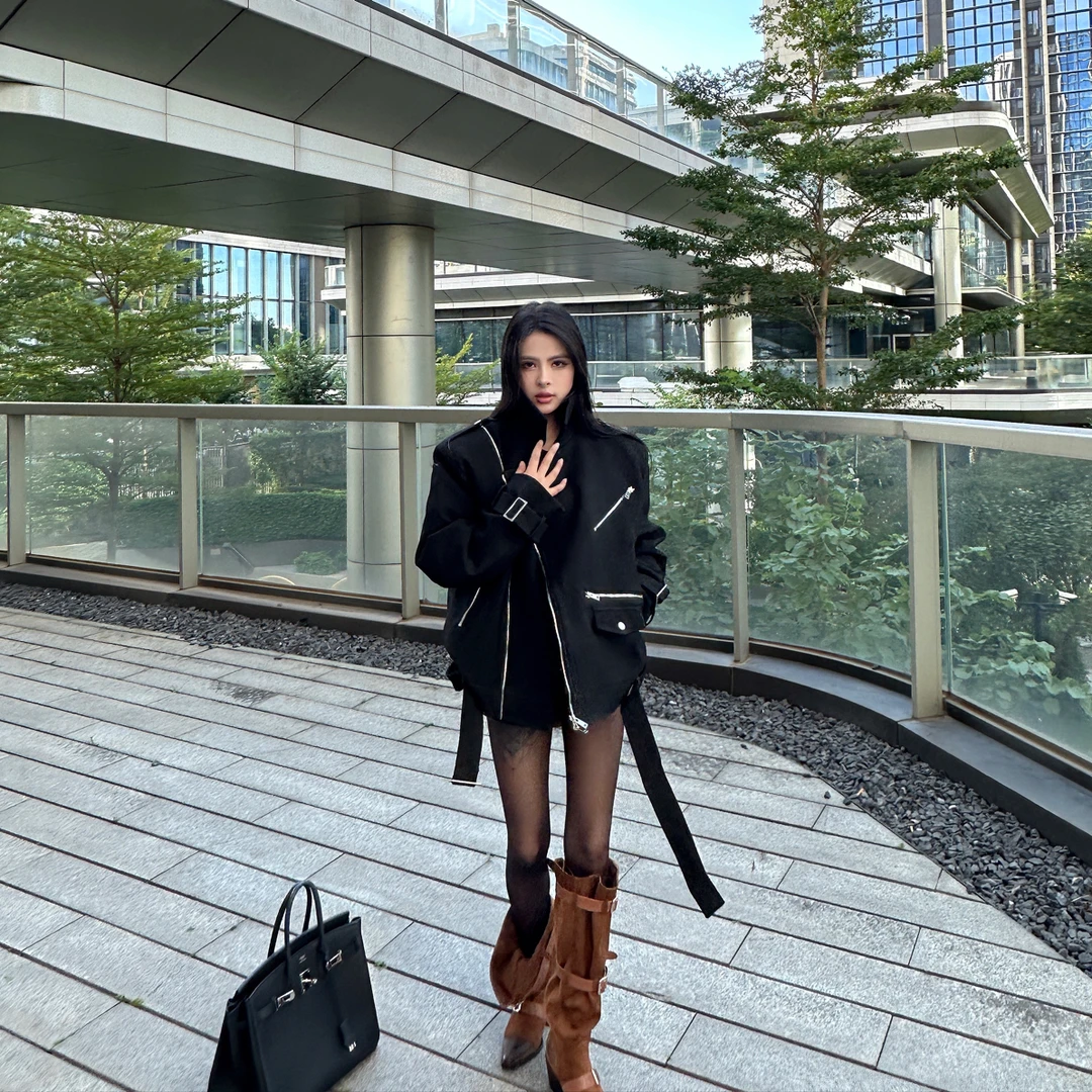 美式老钱绿色麂皮夹克外套翻领拉链机车风设计感大牌宽松羽绒内里