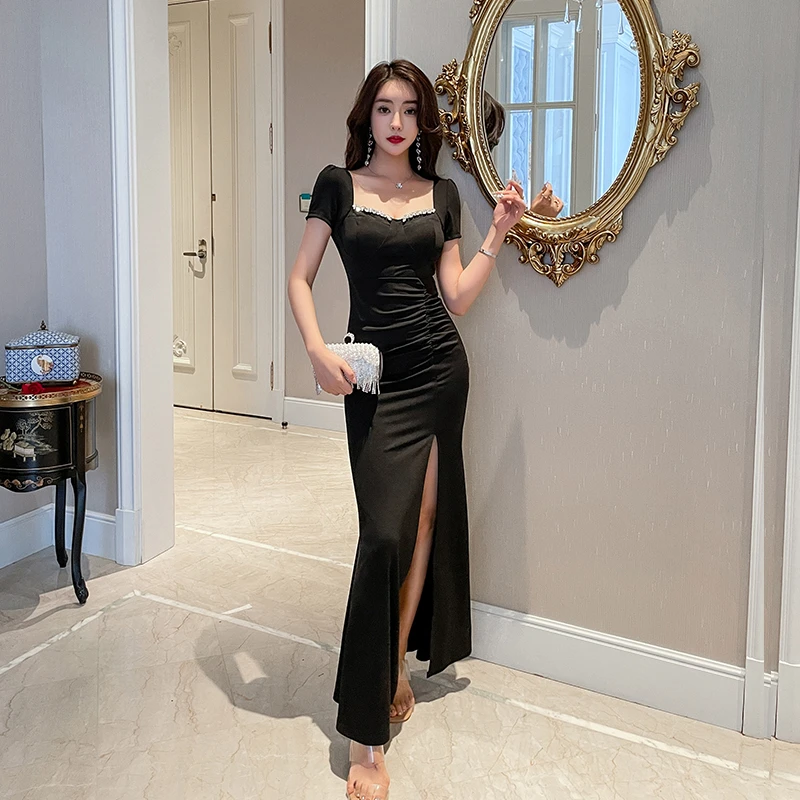 2025新款夜总会佳丽性感开叉连衣裙女包臀法式收腰小众设计长裙子