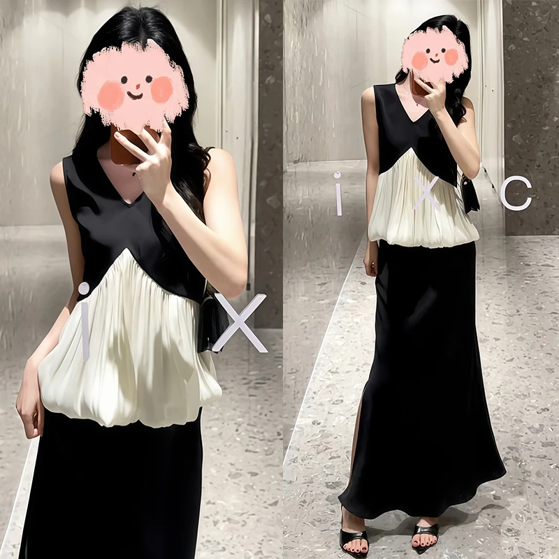 纯欲慵懒风女装韩系时尚撞色无袖上衣半身裙套装老钱风松弛感衣服