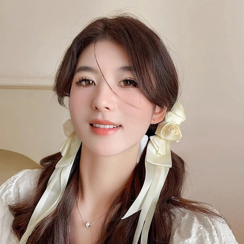 超仙缎面蝴蝶结花朵发夹2024新款玫瑰花少女双马尾对夹洛丽塔发饰