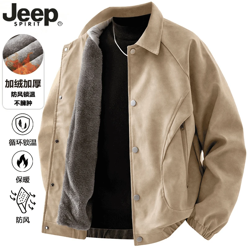 JEEP吉普男士外套冬季新款加绒加厚皮衣大码宽松外套胖子皮夹克
