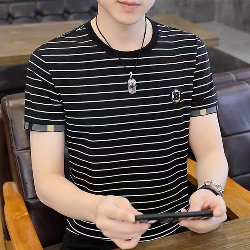 源头男士新款2025夏季条纹t恤短袖潮流冰丝半袖潮牌男薄款T恤
