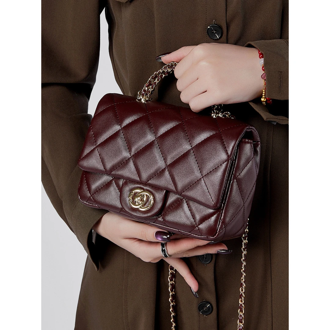 真皮小香风时尚百搭链条包单肩小方包肩包洋气气质小包包菱格包