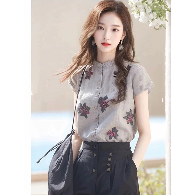 法式复古碎花立领亚麻衬衫女设计感小众独特别致辣妹绝美