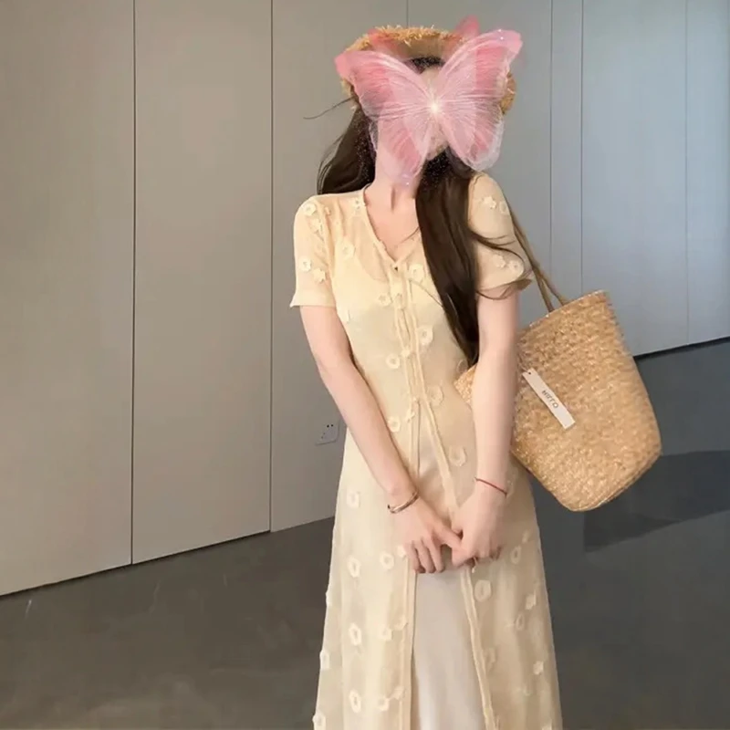 大码胖MM法式复古一整套女夏中长款短袖蕾丝衬衫叠穿吊带长裙套装