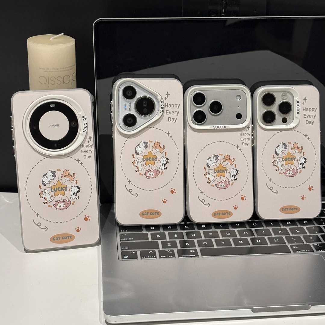 旋转小猫适用苹果17pro手机壳16pm简约华为p80彩银防摔vivo小米15