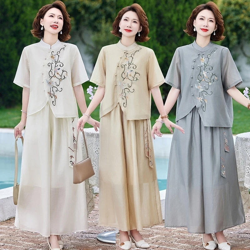 妈妈夏装套装洋气新中式2025新款中老年夏季短袖上衣裙裤两件套女