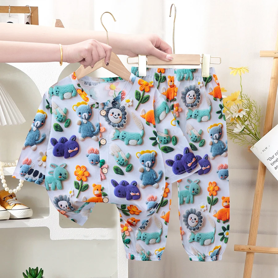 圆领 动物乐园 儿童莱赛尔绵绸家居服夏季薄款卡通宝宝睡衣套装