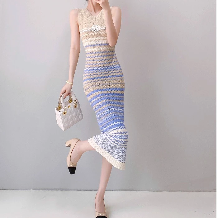 彩色花边拼色无袖针织吊带裙夏款法式高级感气质背心连衣裙中长款
