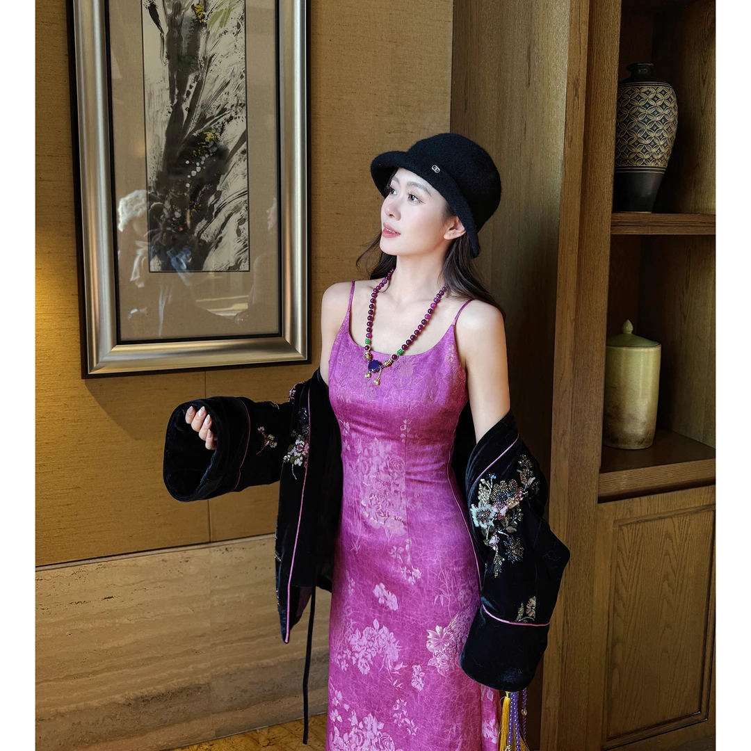 果果家  新中式国风长裙吊带鱼尾裙2025女士提花连衣裙休闲复古