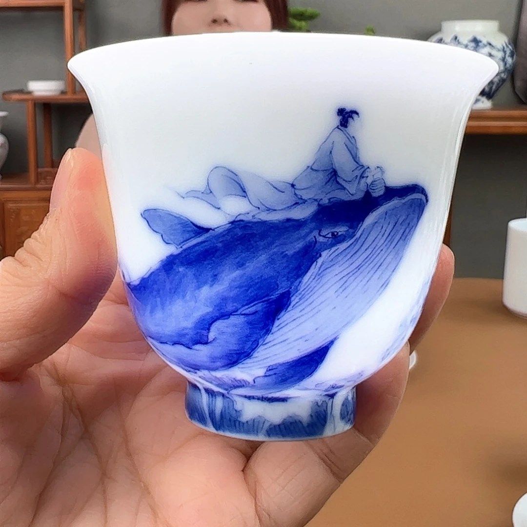 柴窑青花鲲铃铛杯